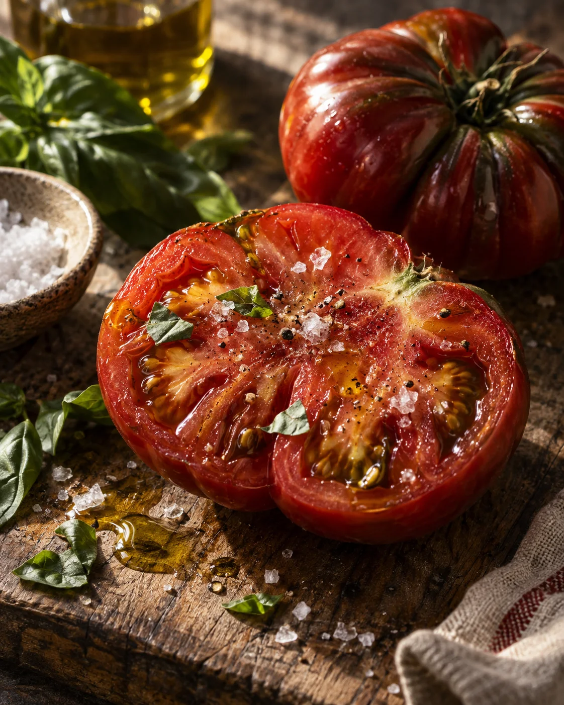 Ripe heirloom tomato, basil and olive oil